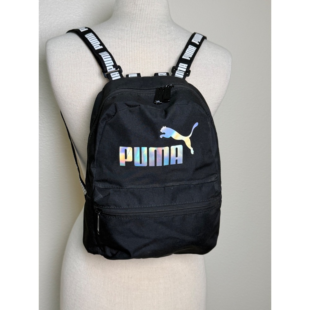 Puma Mini Backpack Black Iridescent Holographic Logo Branded Straps PV1615